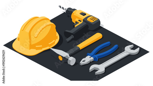 Isometric construction tools set on black mat with helmet, drill, and hand tools