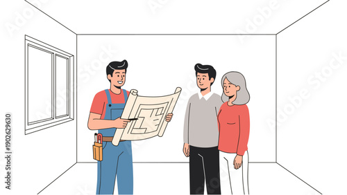 Couple discussing floor plan with architect in modern interior design meeting