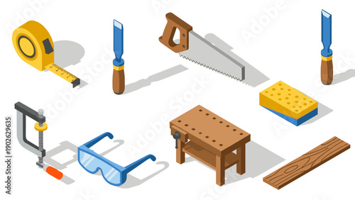 Carpentry tools collection: isometric workshop essentials for diy and woodworking