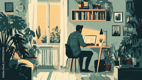 A freelancer working alone in a small rented room surrounded by plants and books, viewed from behind.