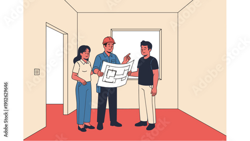 Team of engineers discussing floor plan in modern interior design