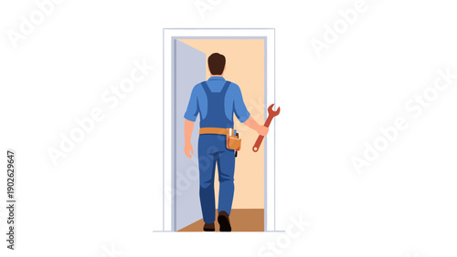 Repairman in overalls walking through doorway holding wrench