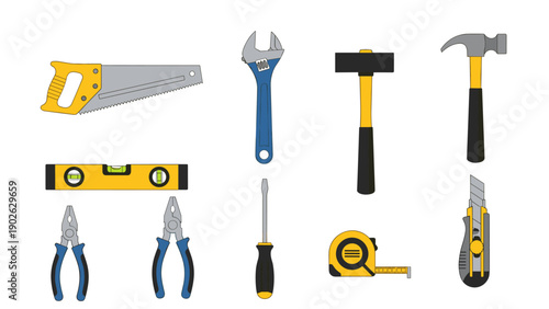 Essential hand tools collection: hammer, pliers, screwdriver, wrench