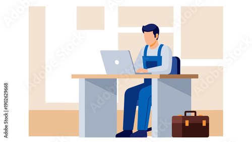 Modern office setting with male professional working on laptop