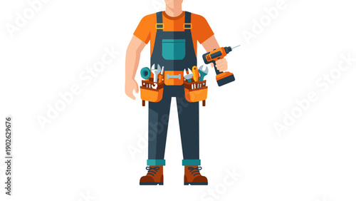 Handyman in overalls holding drill with tool belt in flat design