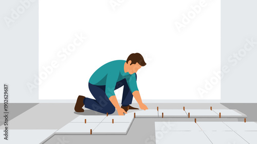 Man installing floor tiles with precision and tools in modern interior setting