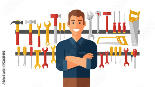 Smiling man with tools in workshop setting for handyman and diy enthusiasts