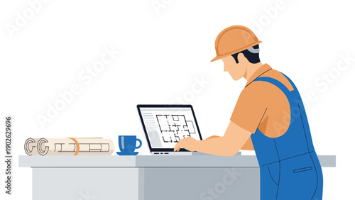Architect working on laptop with blueprints in modern workspace