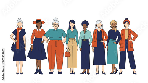 Diverse women of different ages in colorful outfits