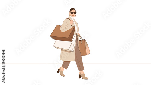 Fashionable woman walking with shopping bags in minimalist style