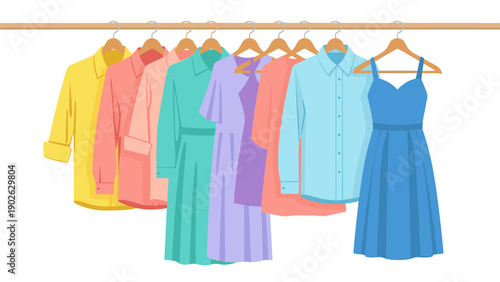 Colorful hanging clothes on wooden hangers in a flat cartoon style