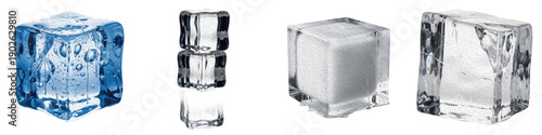 Fotografi Set of realistic crystal clear and frosted ice cubes isolated on white backgroun