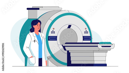 Medical professional with mri machine in modern flat design