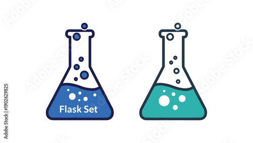 Colorful chemistry flasks with bubbles in minimalist style