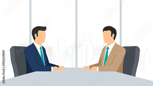Business meeting concept: two professionals at conference table in modern office