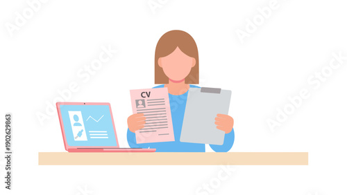 Woman analyzing cv and clipboard with laptop data for job application process