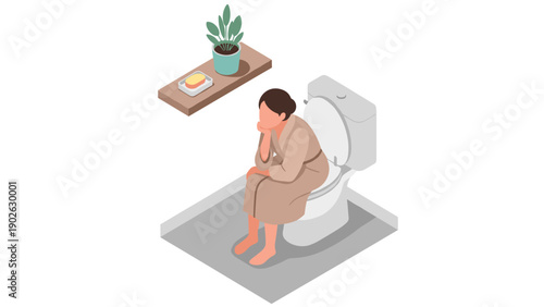 Isometric bathroom scene with contemplative woman on toilet and shelf