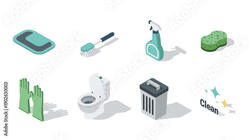 Essential isometric cleaning supplies collection in modern flat style