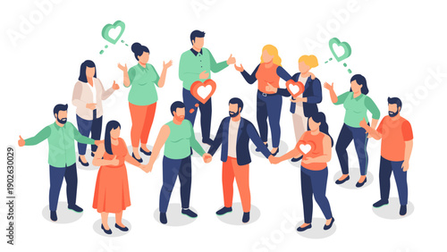 Diverse group of people engaging in social interaction with heart icons