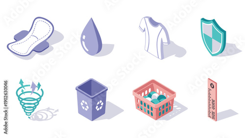 Isometric icons set: hygiene, recycling, and safety symbols in pastel colors
