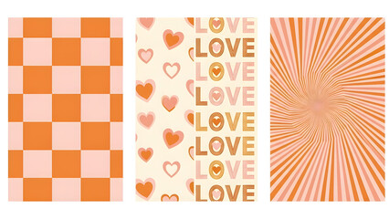 Vibrant orange and pink patterns featuring checkered, hearts, and radial designs.