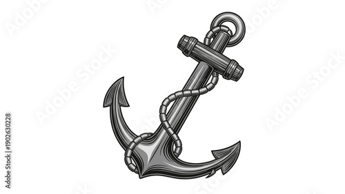 Nautical anchor with rope in detailed black and white drawing