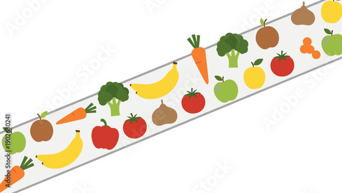 Flat style collection of various fruits and vegetables in a conveyor belt format