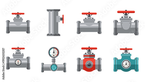 Industrial pipe valve set with gauges and controls in flat design