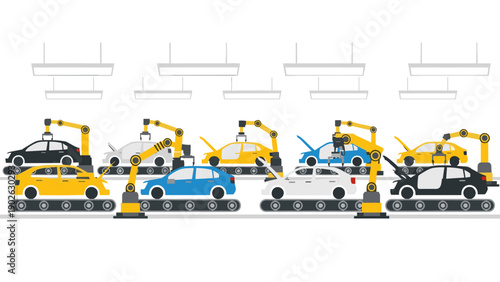 Automated car assembly line with industrial robots in a modern factory setting