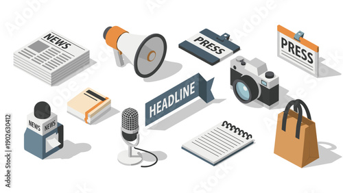 Isometric news media icons collection: microphone, camera, press items, and more