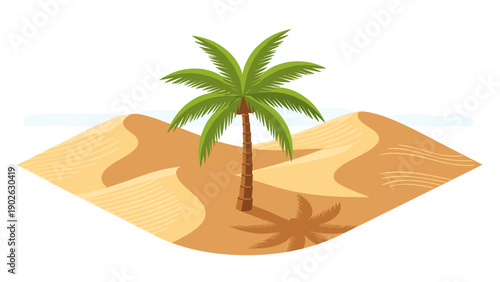 Desert landscape with palm tree and sand dunes isolated on white background