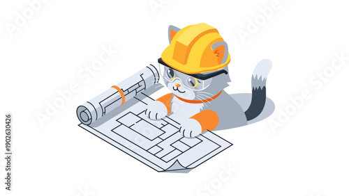 Cat engineer in hard hat reviewing blueprints on job site