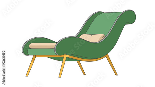 Modern green chaise lounge with wooden legs and cushion on white background