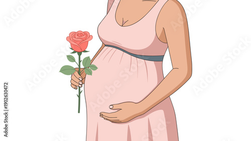 Pregnant woman holding rose in pastel dress on white background