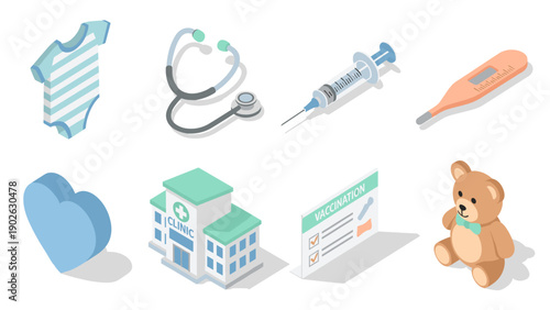 Healthcare and baby icons set: 3d medical supplies and baby items