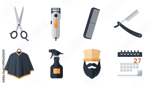 Essential barber tools: scissors, clippers, razor, and more in flat design