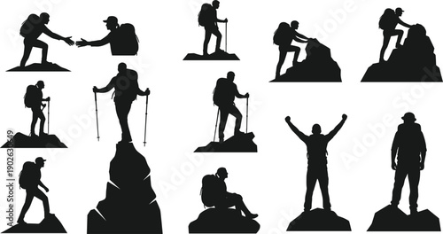 Hiker, Climbing, Mountain, Silhouette, Trekking, Backpack, Summit, Adventure, Success, Peak, Mountaineering, Outdoor, Nature, Exploration, Vector, Mountain Climber, Rock Climbing, Hiking Gear, Team ] 