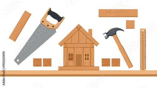 Carpentry tools and wooden house in flat design