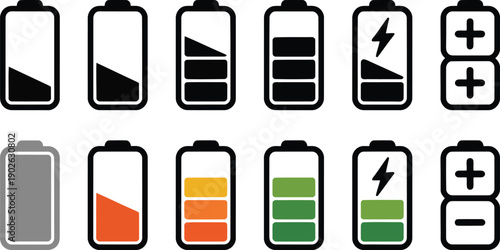 Battery indicator icons displaying varying charge levels and charging states in black and white and color