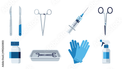 Medical instruments set featuring syringe, gloves, and scissors in flat style