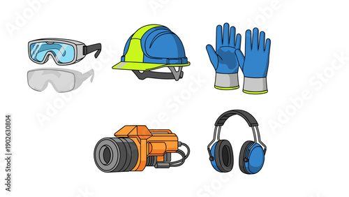 Industrial safety equipment: helmets, gloves, goggles, ear protection set