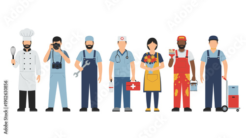 Diverse professions in flat style: chef, photographer, mechanic, nurse, florist, painter, cleaner