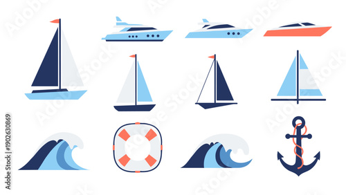 Nautical icons featuring boats, waves, and anchor in colorful minimalist design