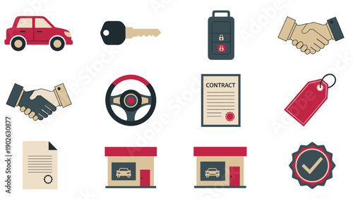 Car dealership icons: contract, key, handshake, and more in red and black
