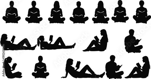 Black silhouettes of diverse people reading books in various seated and reclining positions, educational leisure lifestyle concept illustration