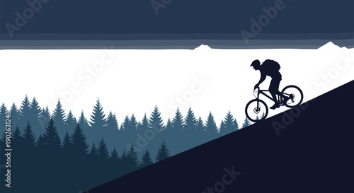 Silhouette of a mountain biker riding downhill through a pine forest landscape with misty mountains and foggy horizon for extreme outdoor sports adventure (25 words)