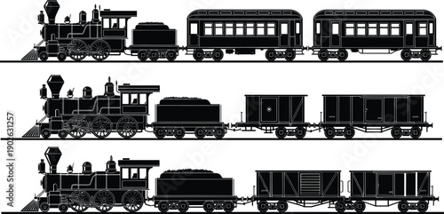 Set of vintage steam train locomotive silhouettes including passenger carriages and freight wagons in retro industrial style for transport and historical design projects (24 words)