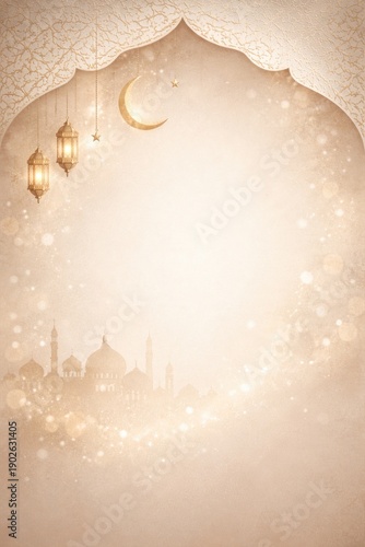  Minimal Ramadan beige and gold background with crescent lanterns and mosque silhouette