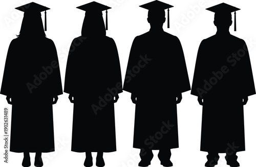 Graduation ceremony silhouettes, students in caps and gowns, academic success celebration, higher education achievement, future career opportunities