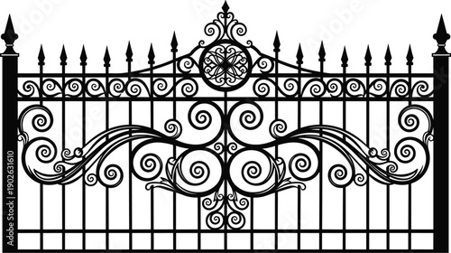 Ornate wrought iron gate with intricate scrollwork, decorative symmetrical patterns, pointed finials, elegant craftsmanship, architectural design inspiration, artistry